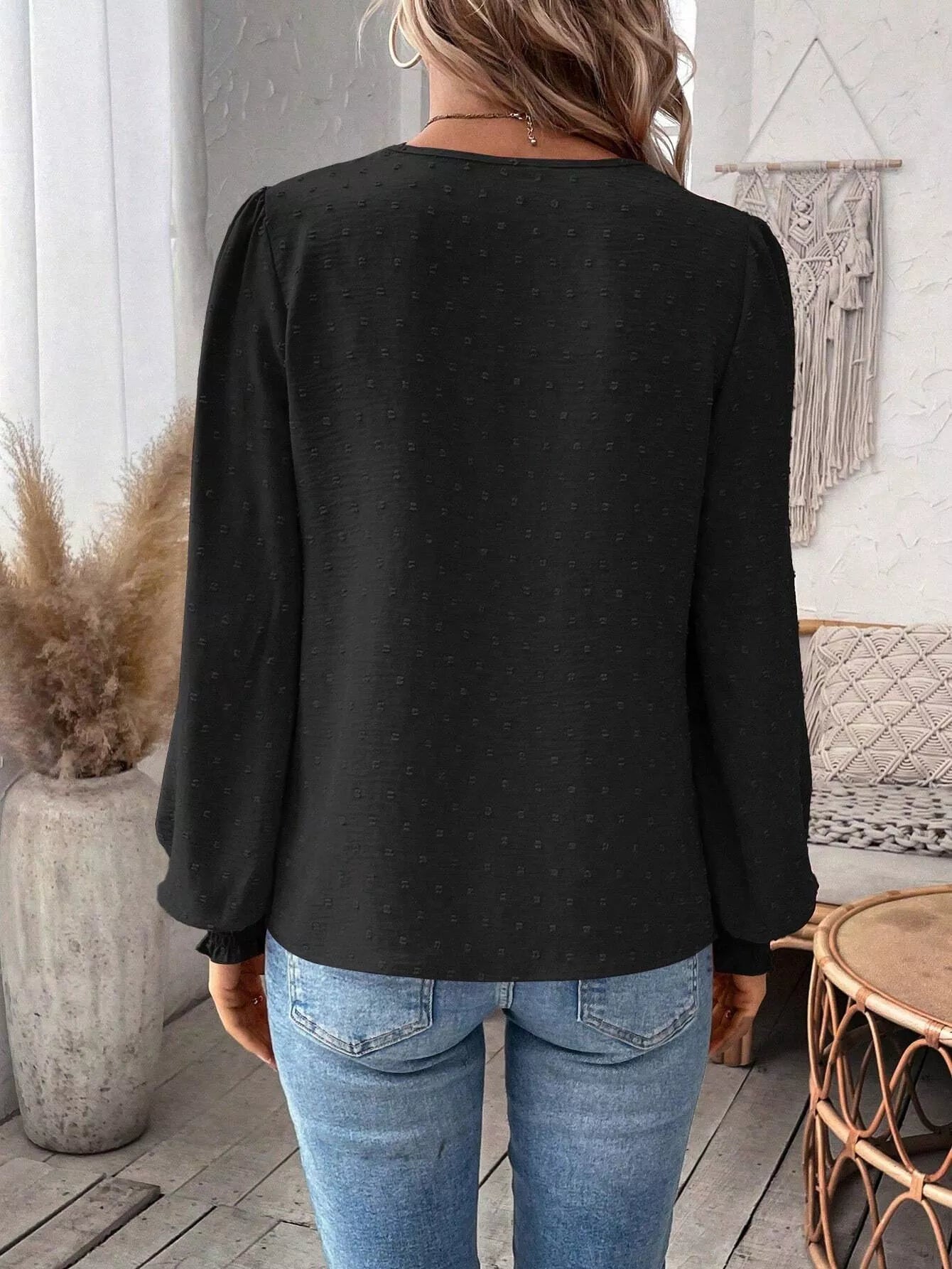 Swiss Dot Lace Detail Long Sleeve Blouse OutfitFlow