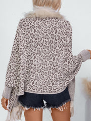 Outfit Flow - Fringe Leopard Open Front Long Sleeve Poncho