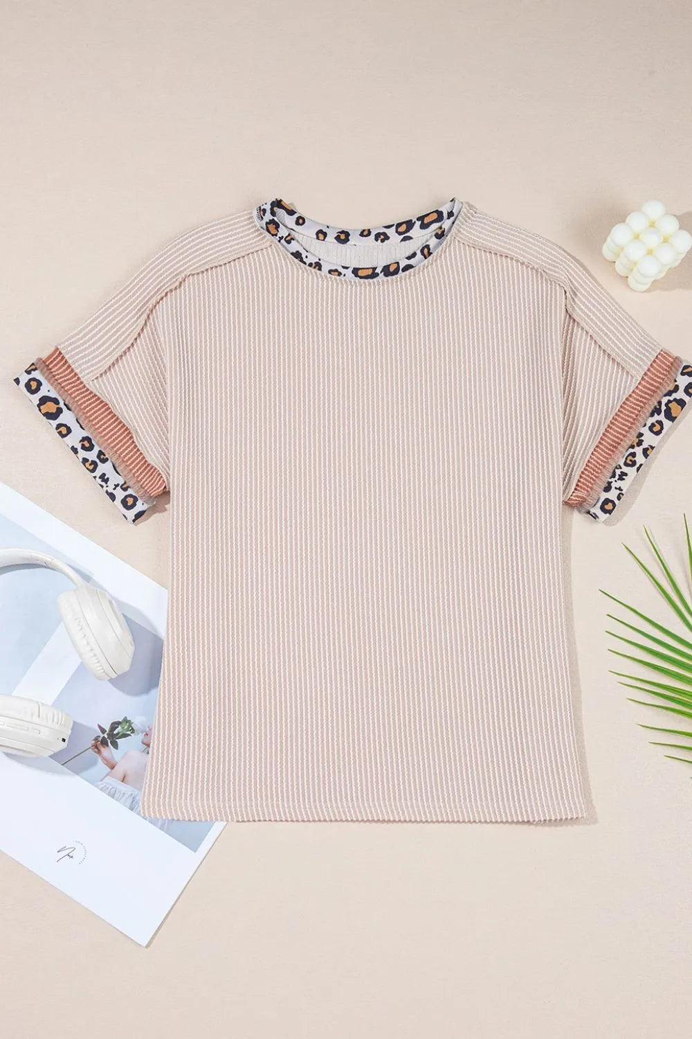 Leopard Trim Round Neck Ribbed T-Shirt OutfitFlow