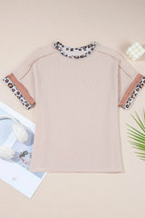 Leopard Trim Round Neck Ribbed T-Shirt OutfitFlow