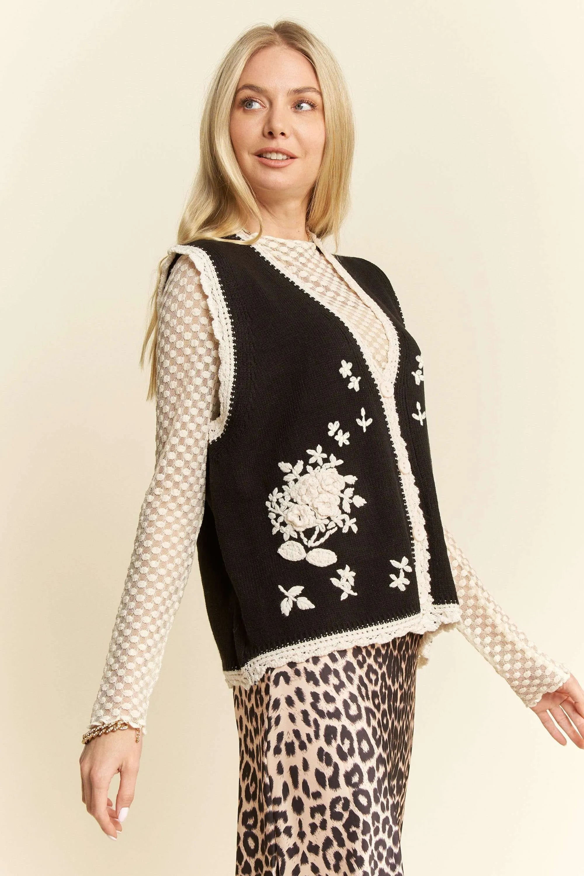 Davi & Dani Floral Embroidered Lace Sweater Knit Vest OutfitFlow
