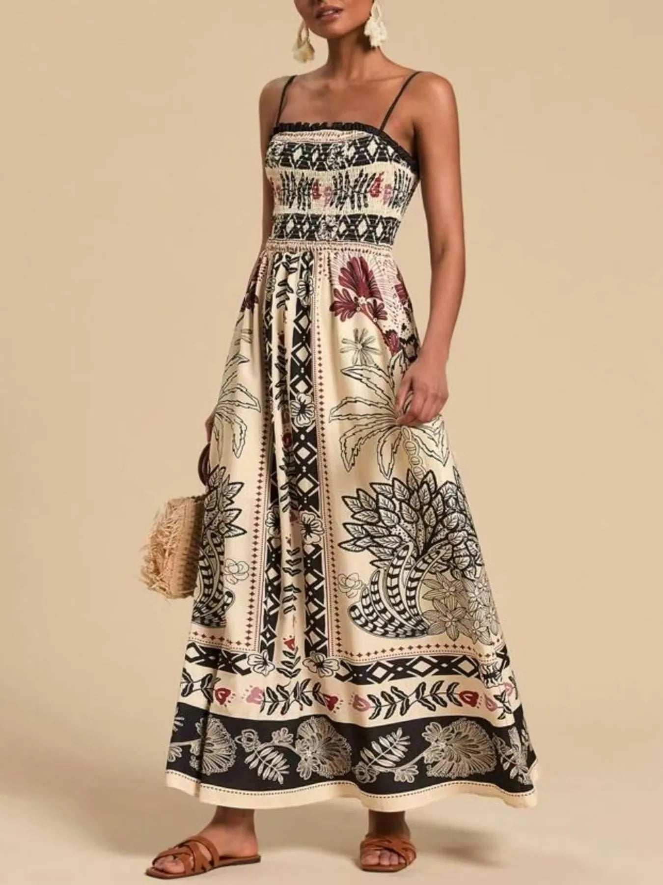 Smocked Printed Spaghetti Strap Maxi Summer Dress OutfitFlow