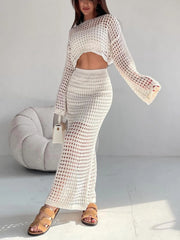 Hollow Out Long Sleeve Top and Skirt Knit Set OutfitFlow