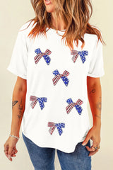 Sequin Flag Bow Pattern Crew Neck Patriotic Tee OutfitFlow