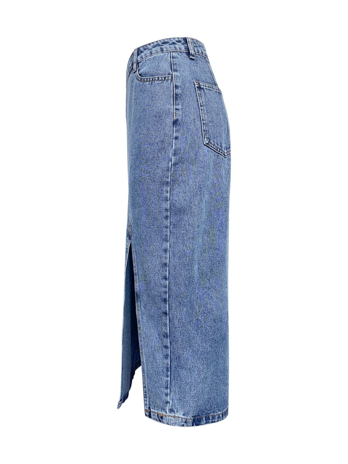 Slit Asymmetrical Waistband Midi Denim Skirt