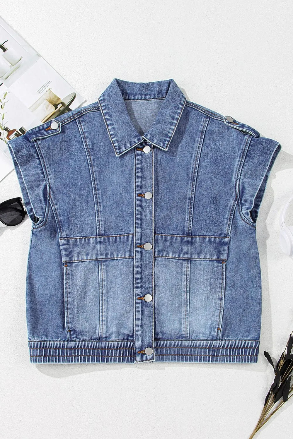 Button Up Cap Sleeve Denim Jacket OutfitFlow