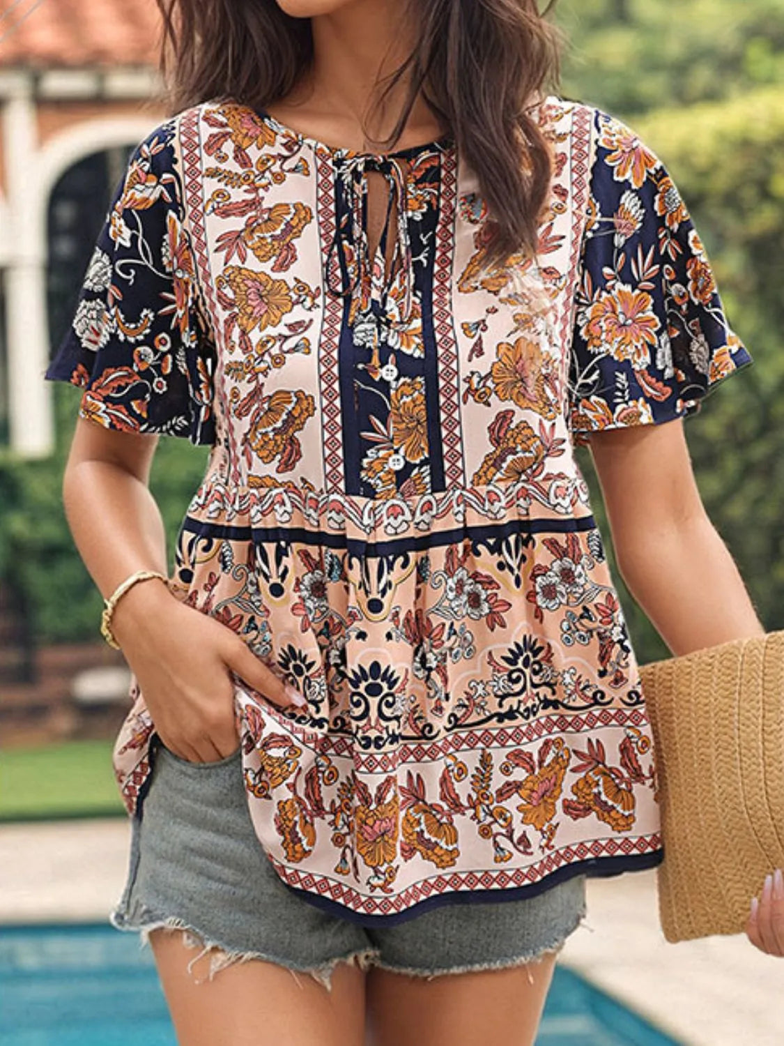 Floral Print Tie Neck Flutter Sleeve Blouse OutfitFlow