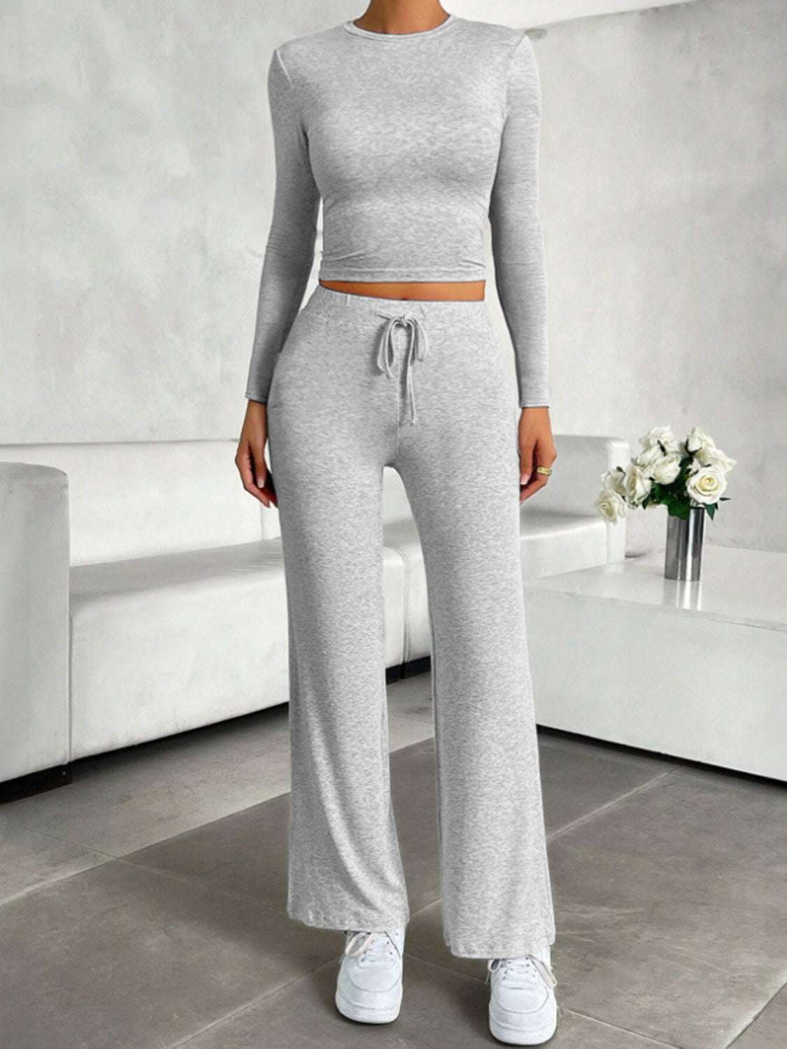 Outfit Flow - Round Neck Long Sleeve Top and Drawstring Pants Set