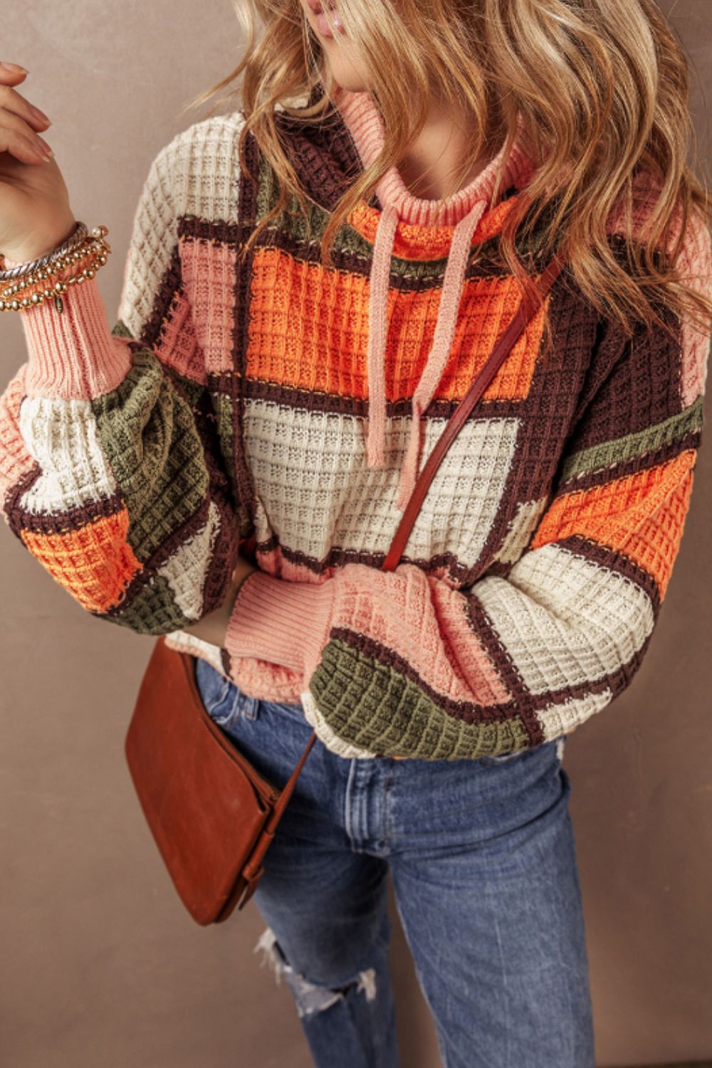 Outfit Flow - Drawstring Color Block Mock Neck Sweater