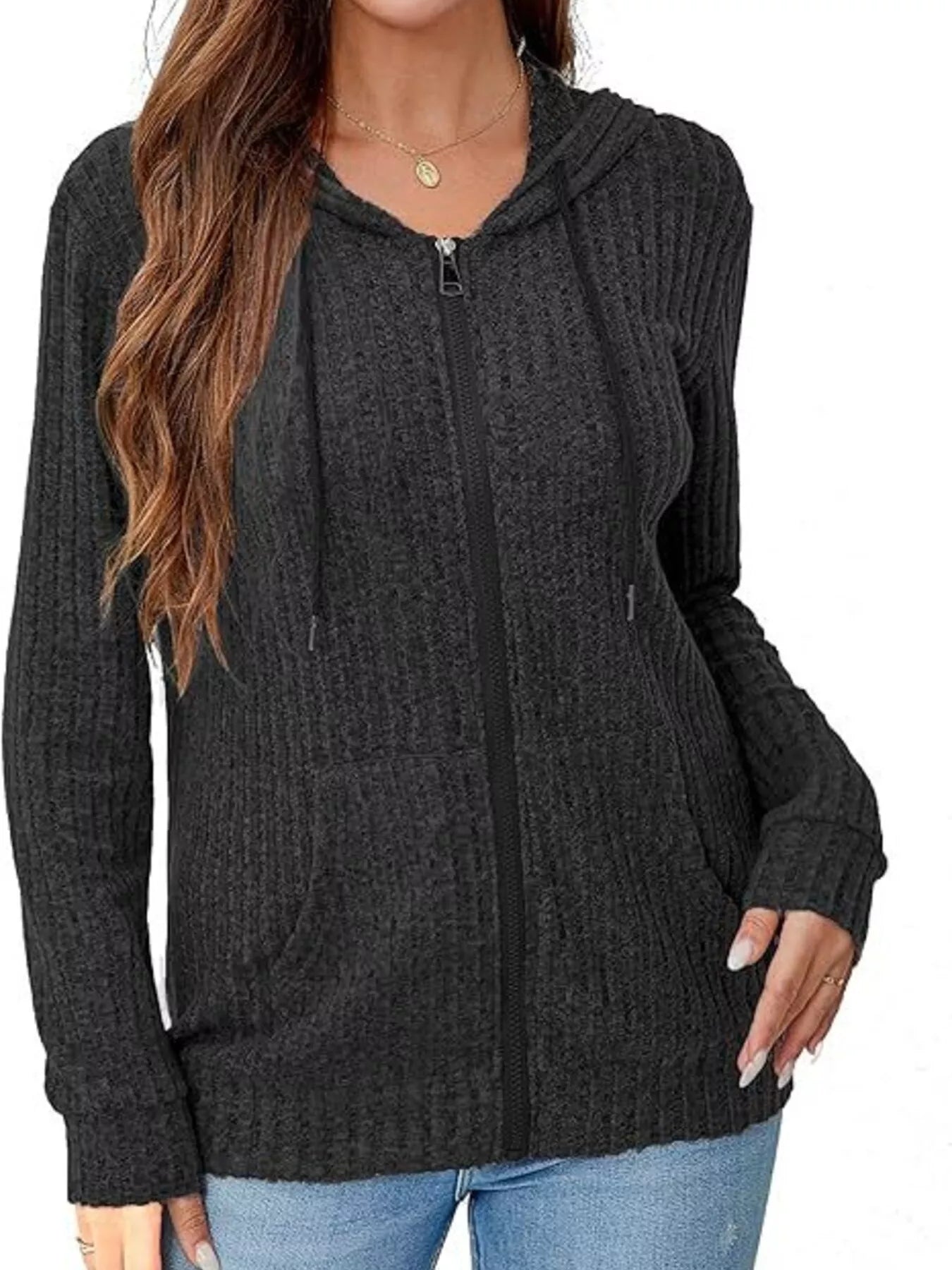 Ribbed Zip Up Hooded Outerwear Trendsi