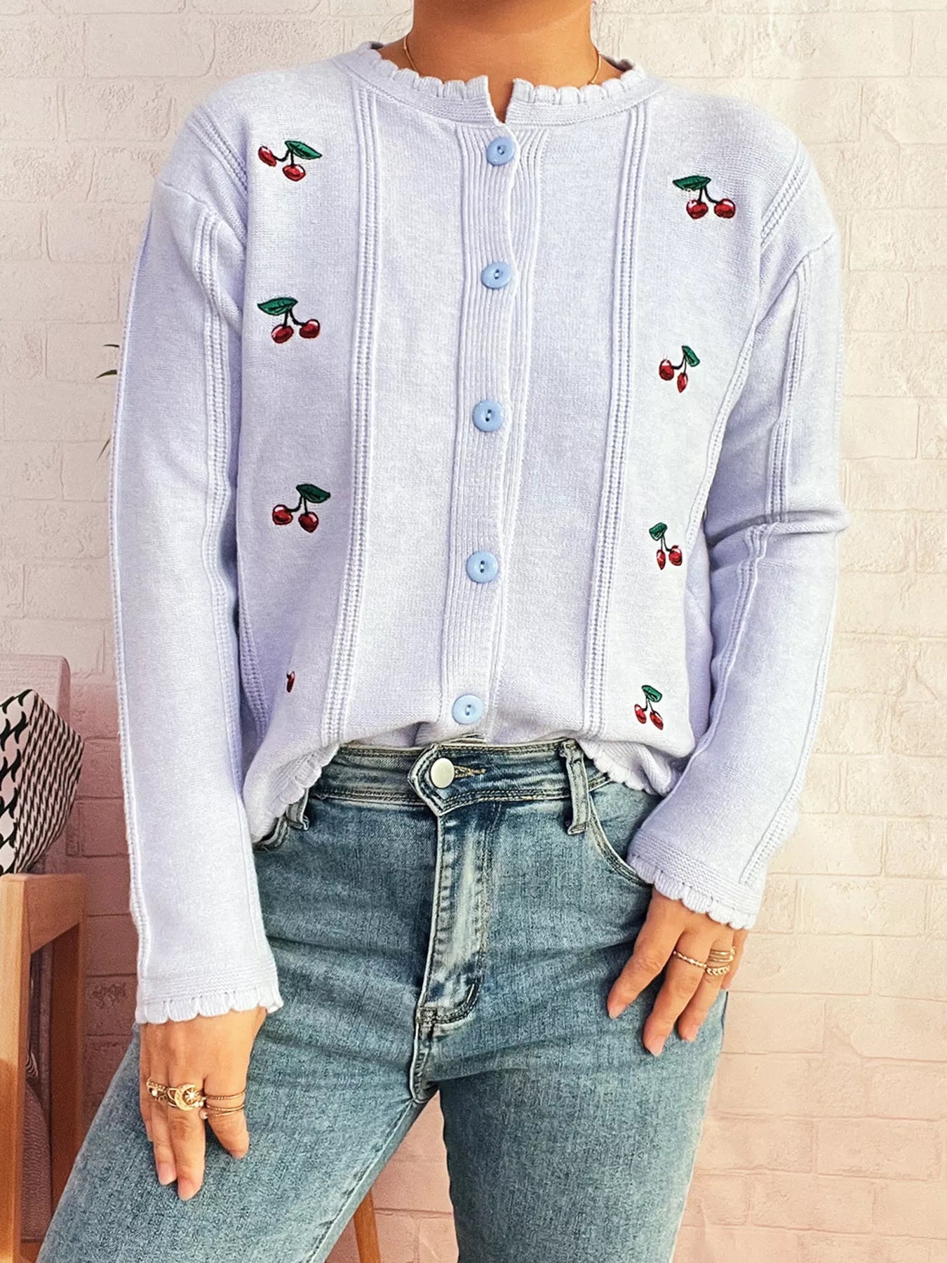Cherry Embroidered Button Up Cardigan OutfitFlow