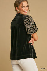 Umgee Full Size Velvet Embroidered Sleeve Blouse Plus Size OutfitFlow