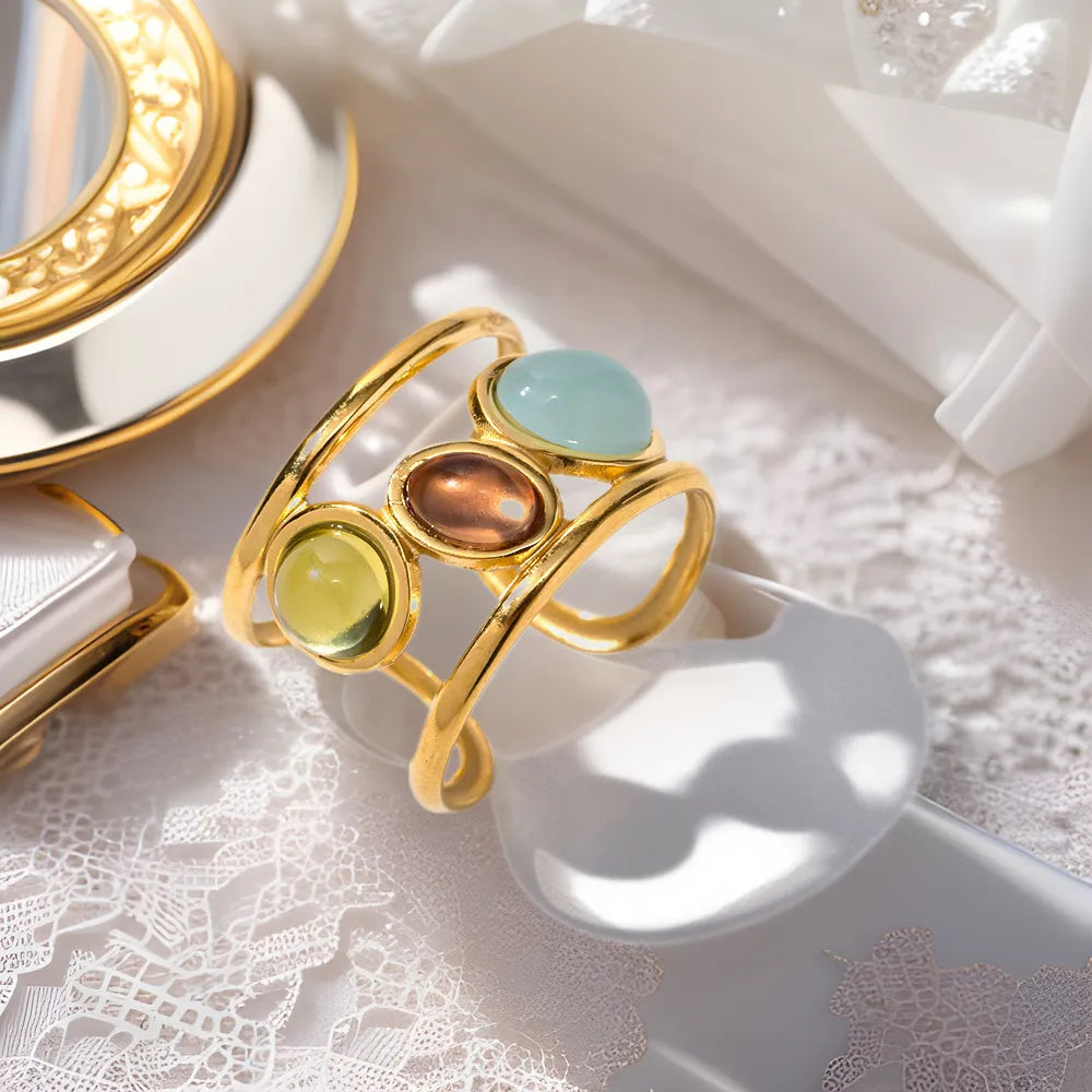 18K Gold-Plated Gemstone Open Cuff Ring Gold One Size OutfitFlow