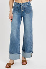 RISEN High Rise Ankle Wide Button Patch Pocket Cuffed Jeans OutfitFlow