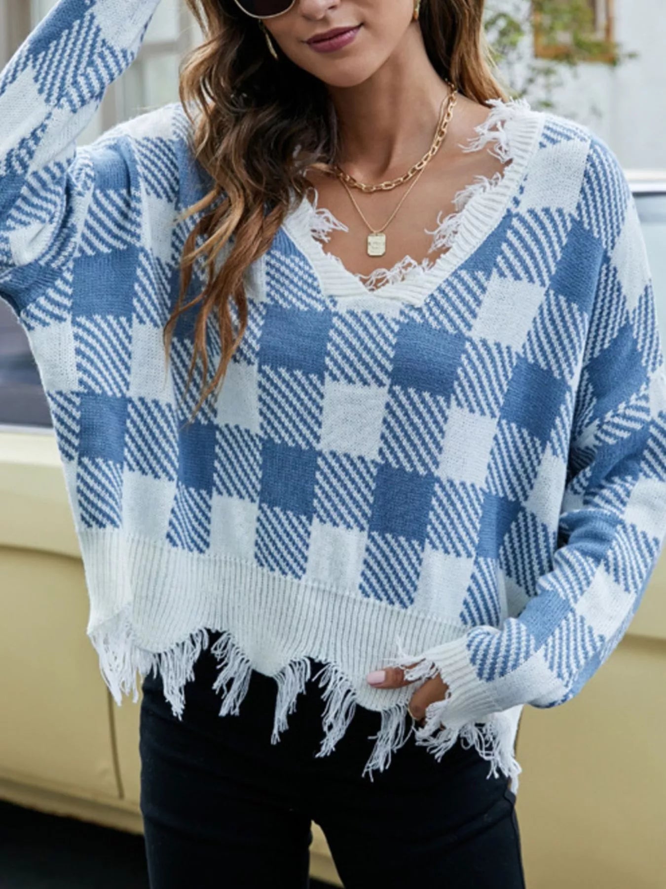 Frayed Hem Long Sleeve Sweater Blue Plaid OutfitFlow