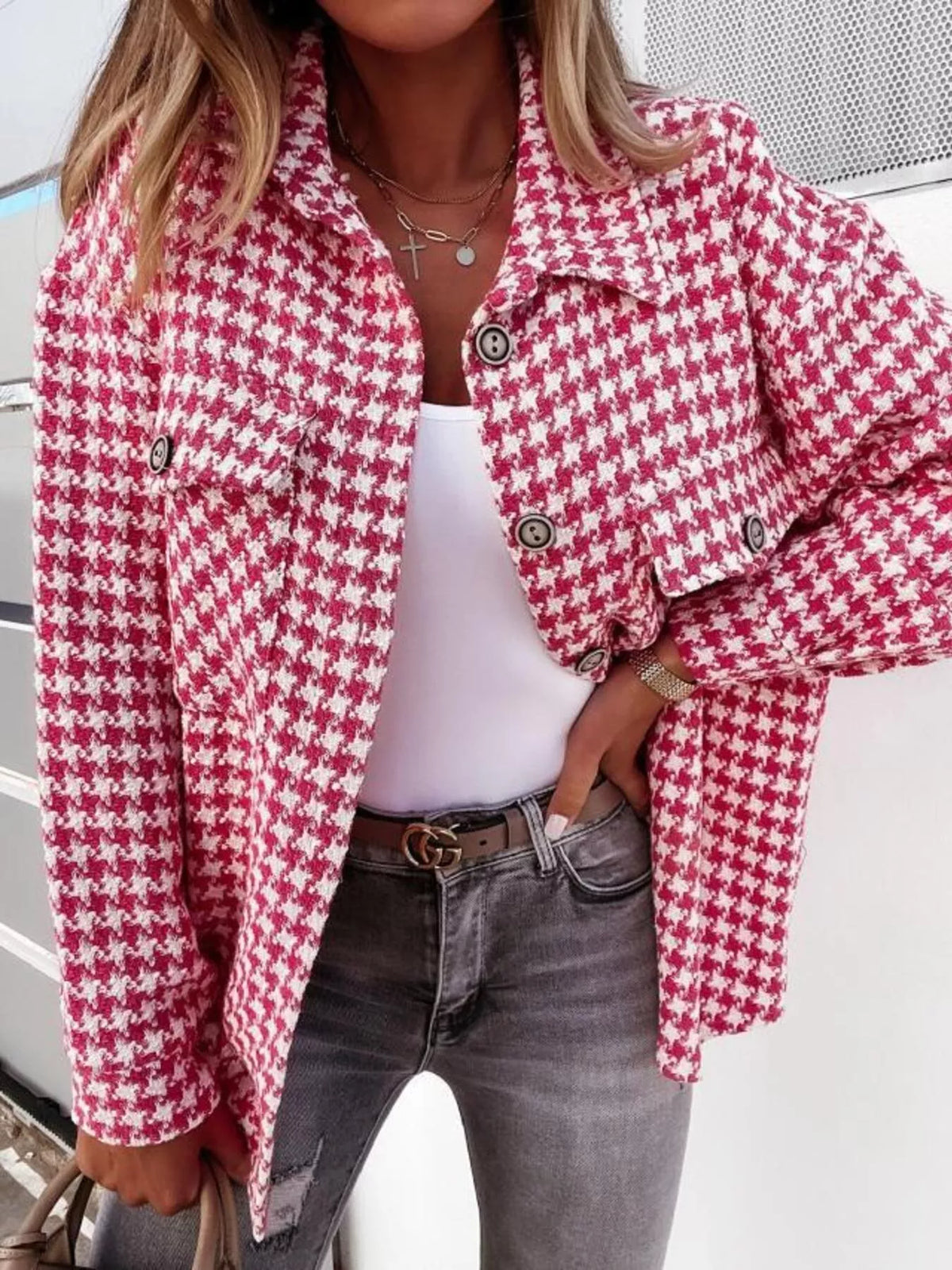 Houndstooth Button-Down Jacket Red OutfitFlow