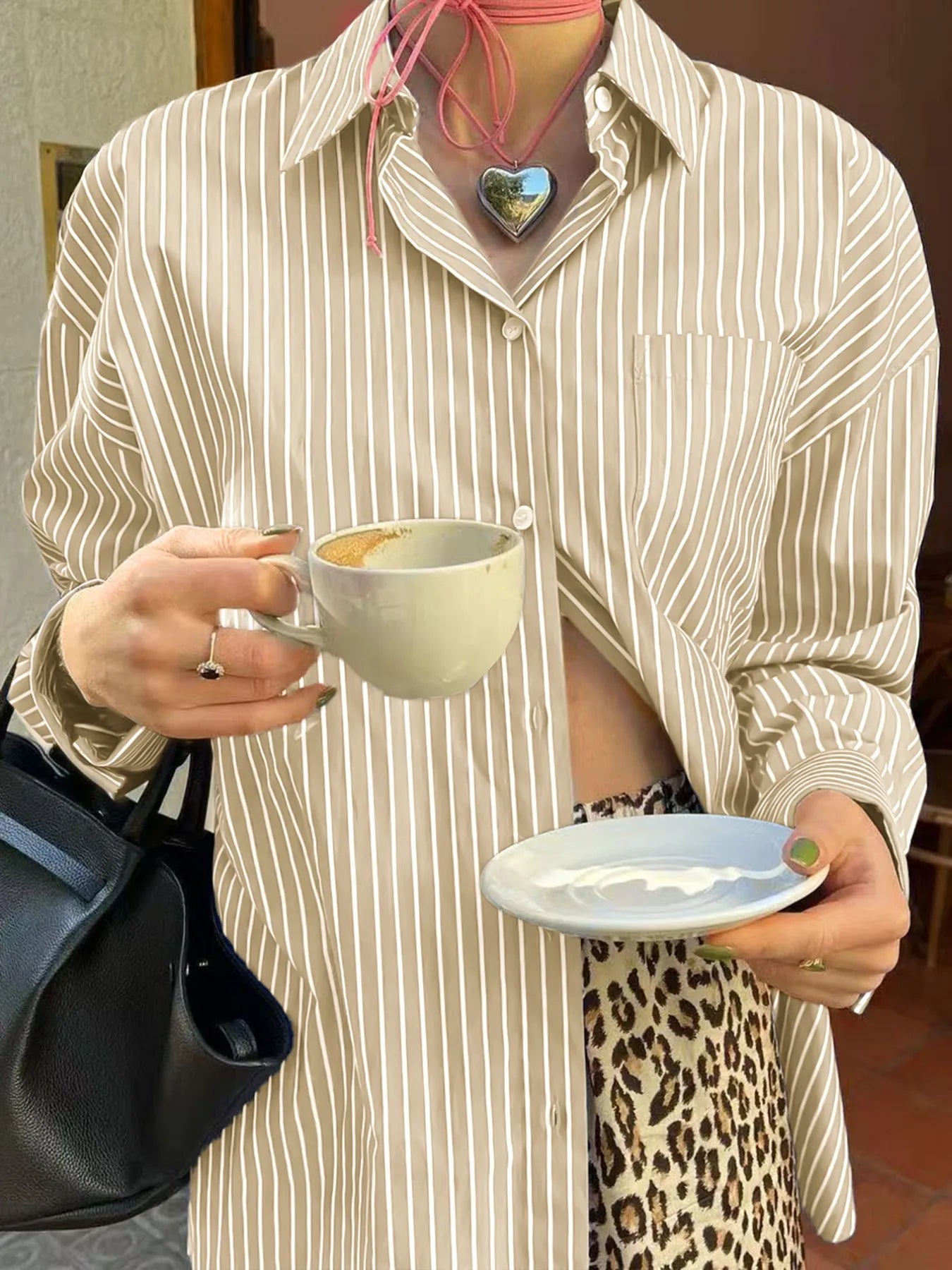 Oversized Striped Button-Down Shirt Pastel Yellow OutfitFlow