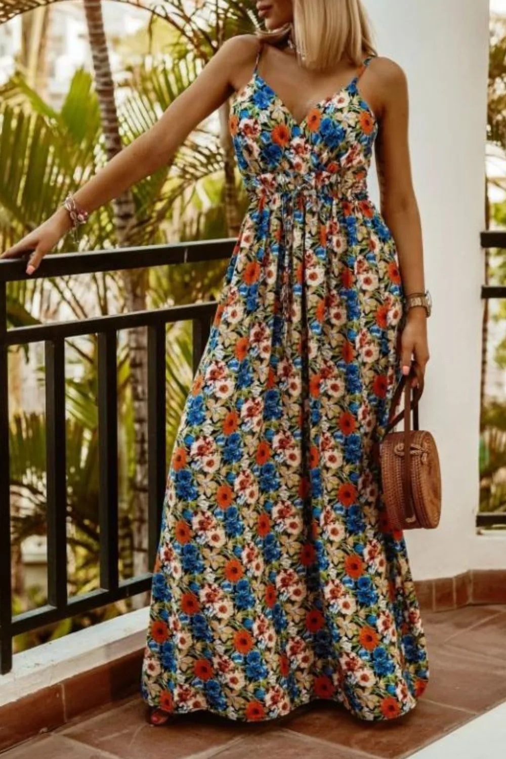 Printed Spaghetti Strap Maxi Dress OutfitFlow