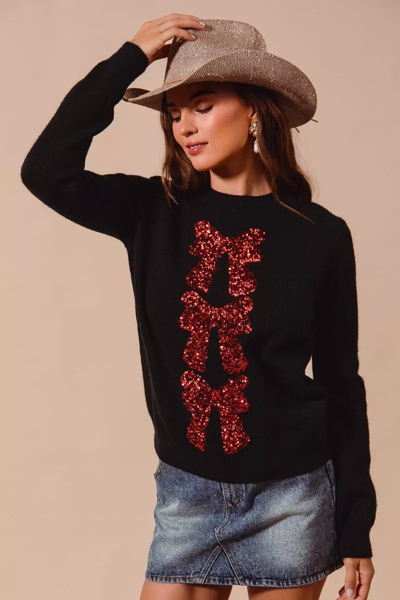 SO ME Sequins Bow Ribbon Embellished Christmas Sweater OutfitFlow