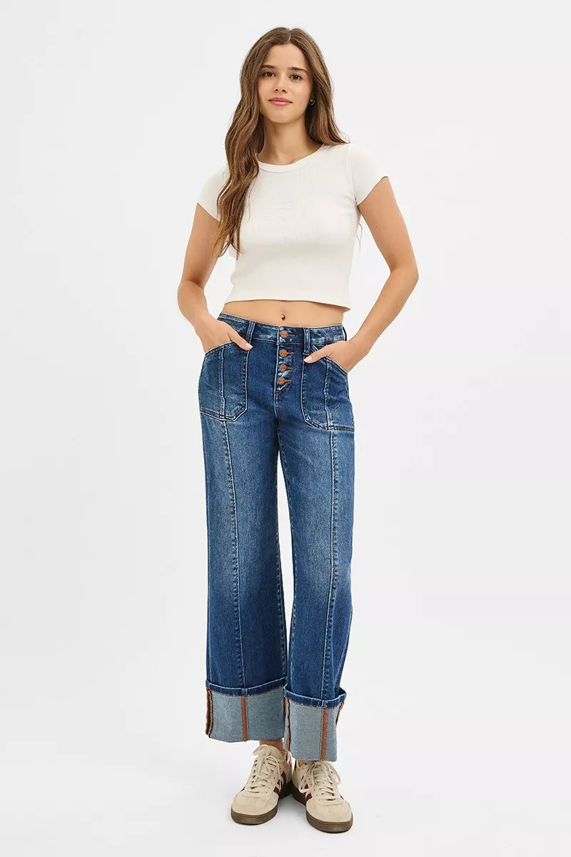 RISEN Full Size High Rise Crop Wide Straight Cuffed Jeans Plus Size OutfitFlow