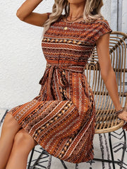 Printed Round Neck Cap Sleeve Dress OutfitFlow