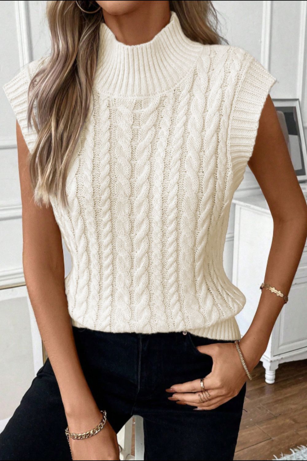 Outfit Flow - Cable Knit Turtleneck Sweater Vest