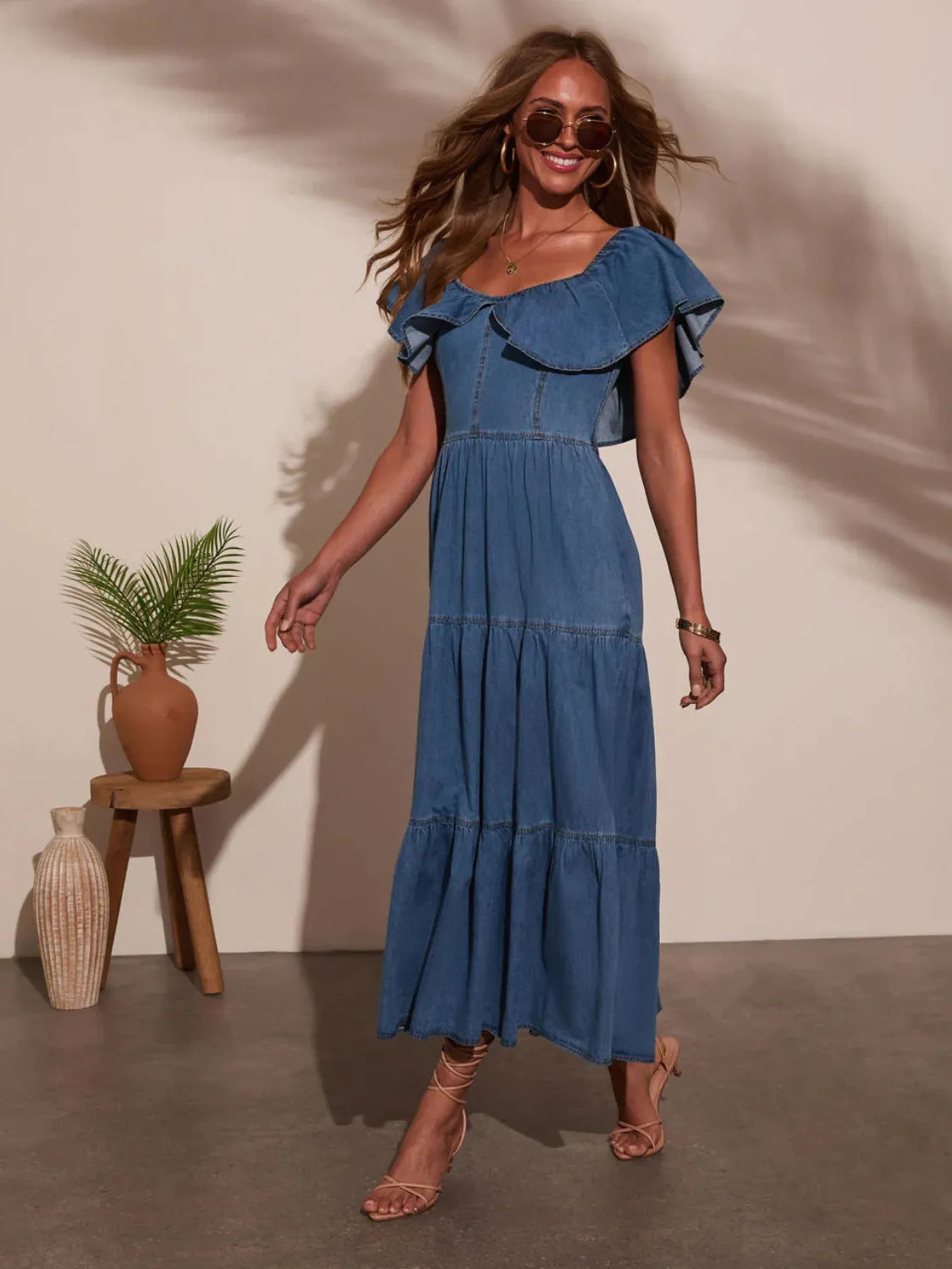 Off Shoulder Ruffle Tiered Denim Dress OutfitFlow