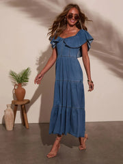 Off Shoulder Ruffle Tiered Denim Dress OutfitFlow