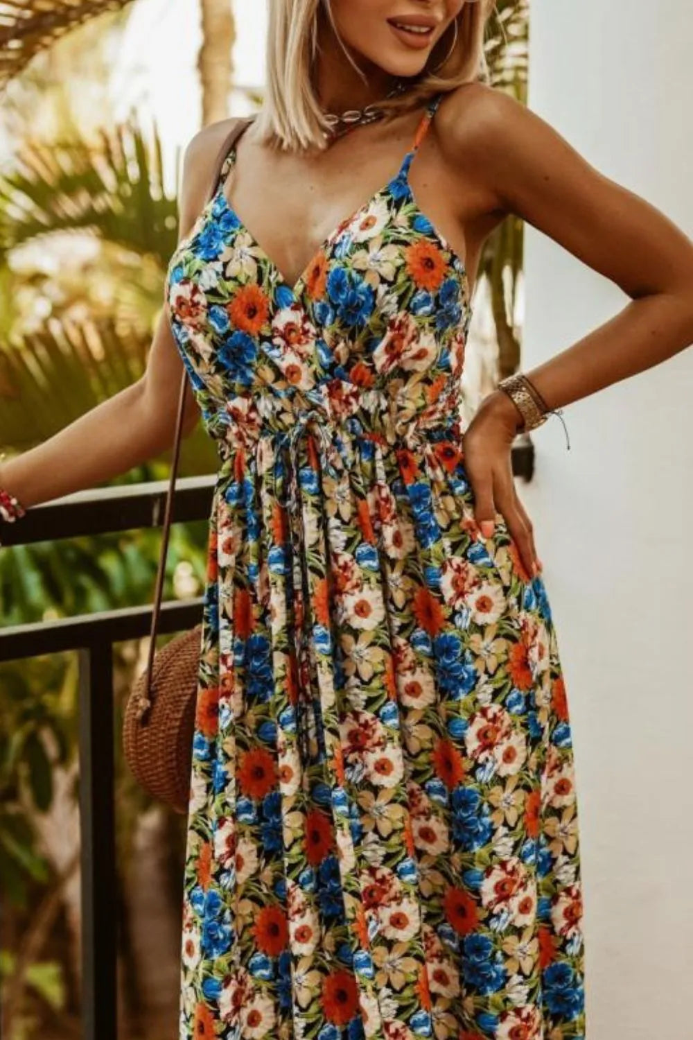 Printed Spaghetti Strap Maxi Dress Blue Flower OutfitFlow