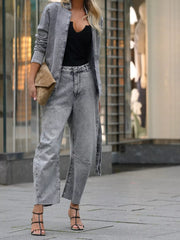 Long Sleeve Top and Wide Leg Jeans Denim Set OutfitFlow