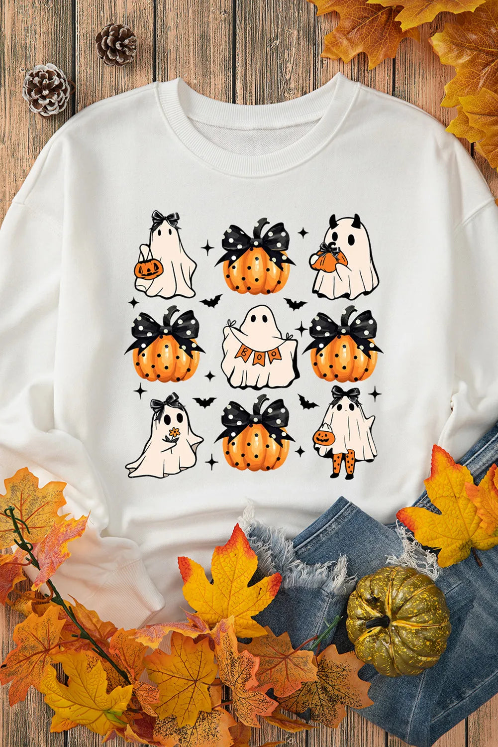 Outfit Flow - Pumpkin & Ghost Round Neck Long Sleeve Sweatshirt