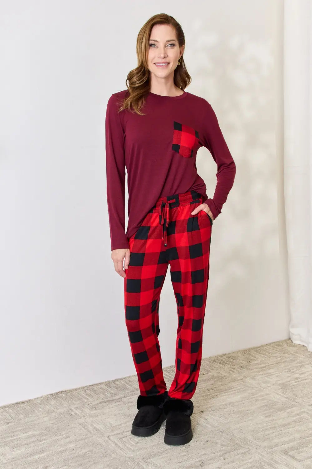 Zenana Full Size Plaid Round Neck Top and Pants Pajama Set OutfitFlow