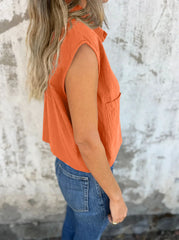 Full Size Button Down Cap Sleeve Linen Shirt Plus Size OutfitFlow