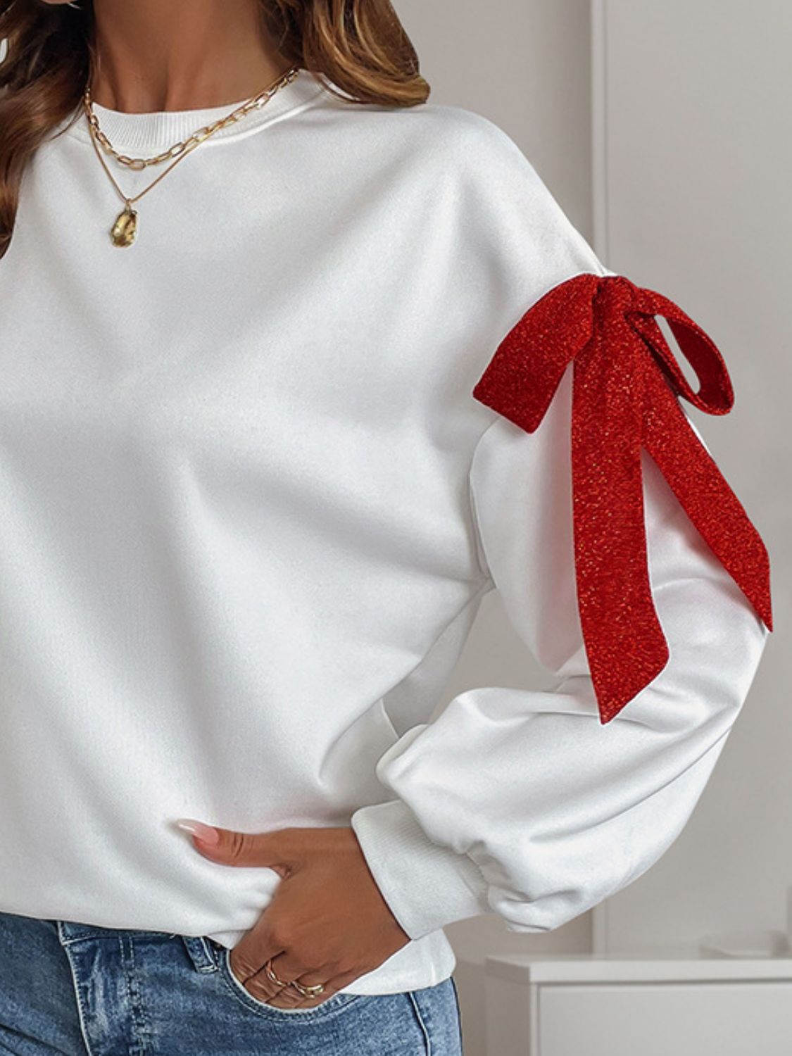 Outfit Flow - Perfee Bow Round Neck Long Sleeve Sweatshirt