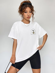 Round Neck Short Sleeve Ghost Graphic T-Shirt OutfitFlow