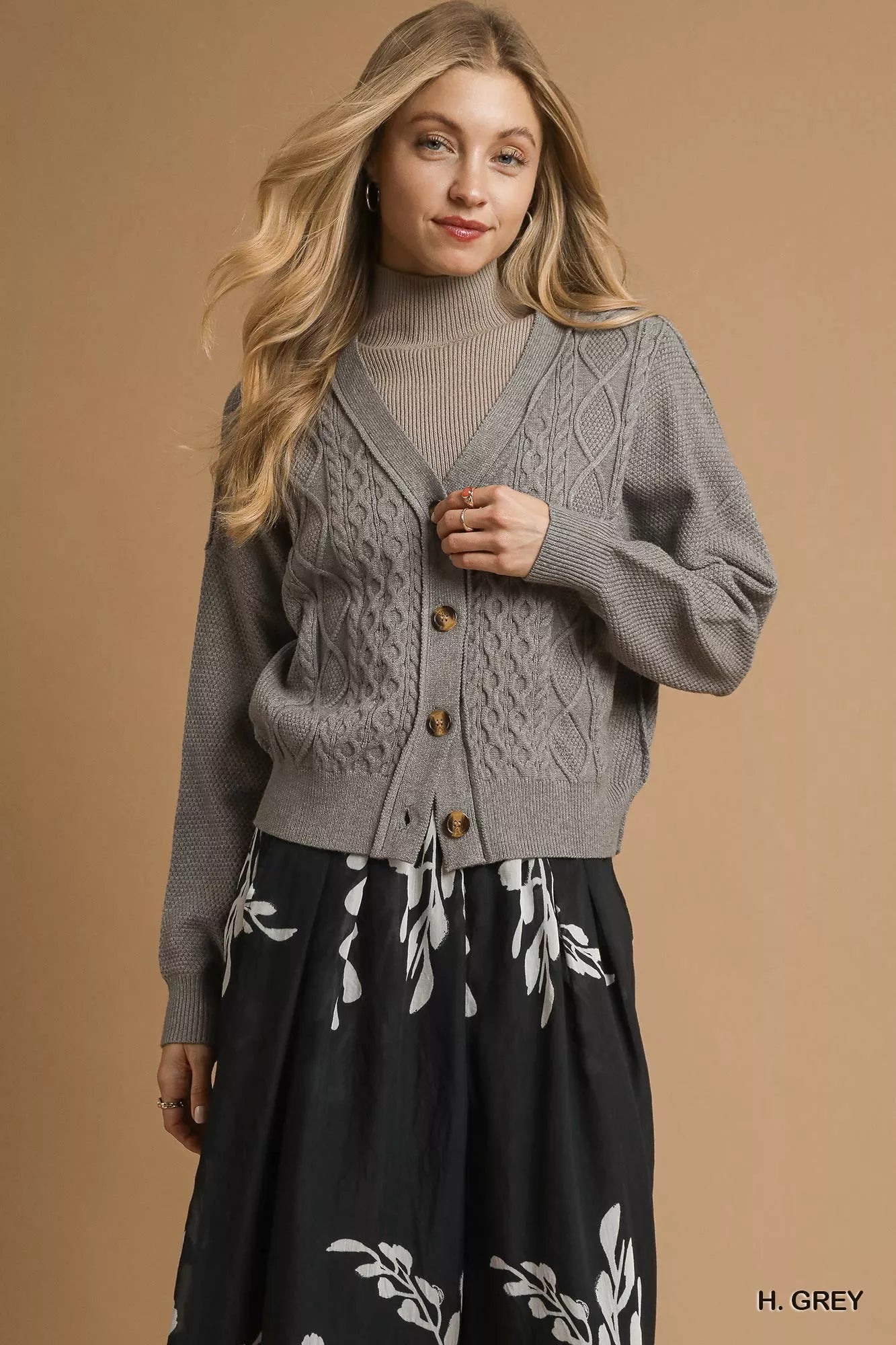 Umgee Chunky Cable Knit V-Neck Button-Up Cardigan H. GREY OutfitFlow
