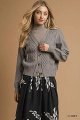 Umgee Chunky Cable Knit V-Neck Button-Up Cardigan H. GREY OutfitFlow