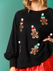 Christmas Sequin Gingerbread Round Neck Sweatshirt OutfitFlow