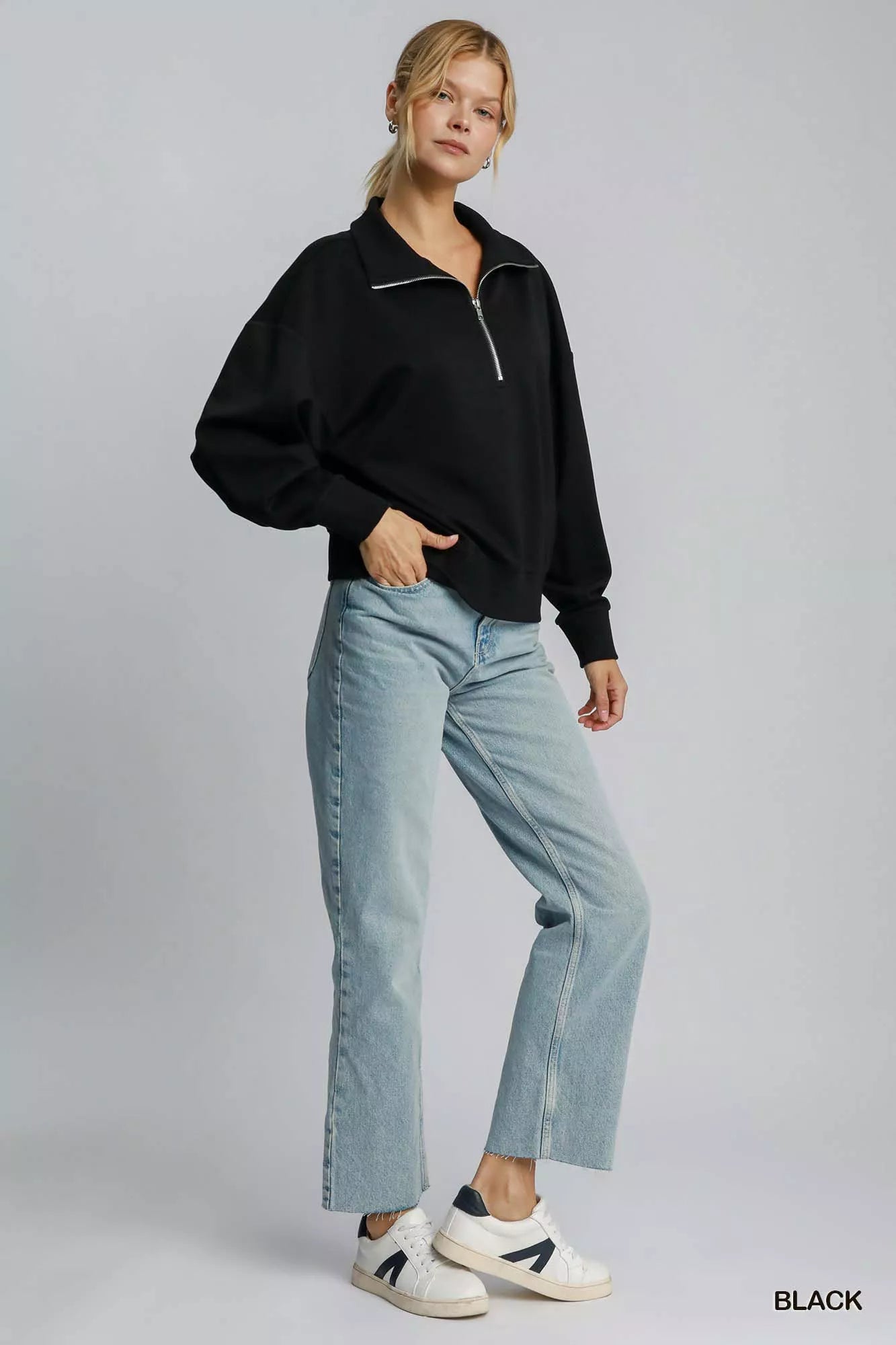Umgee Half Zip Drop Shoulder Sweatshirt OutfitFlow
