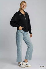 Umgee Half Zip Drop Shoulder Sweatshirt OutfitFlow