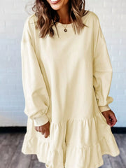 Double Tiered Ruffle Hem Long Sleeve Loose Mini Dress OutfitFlow