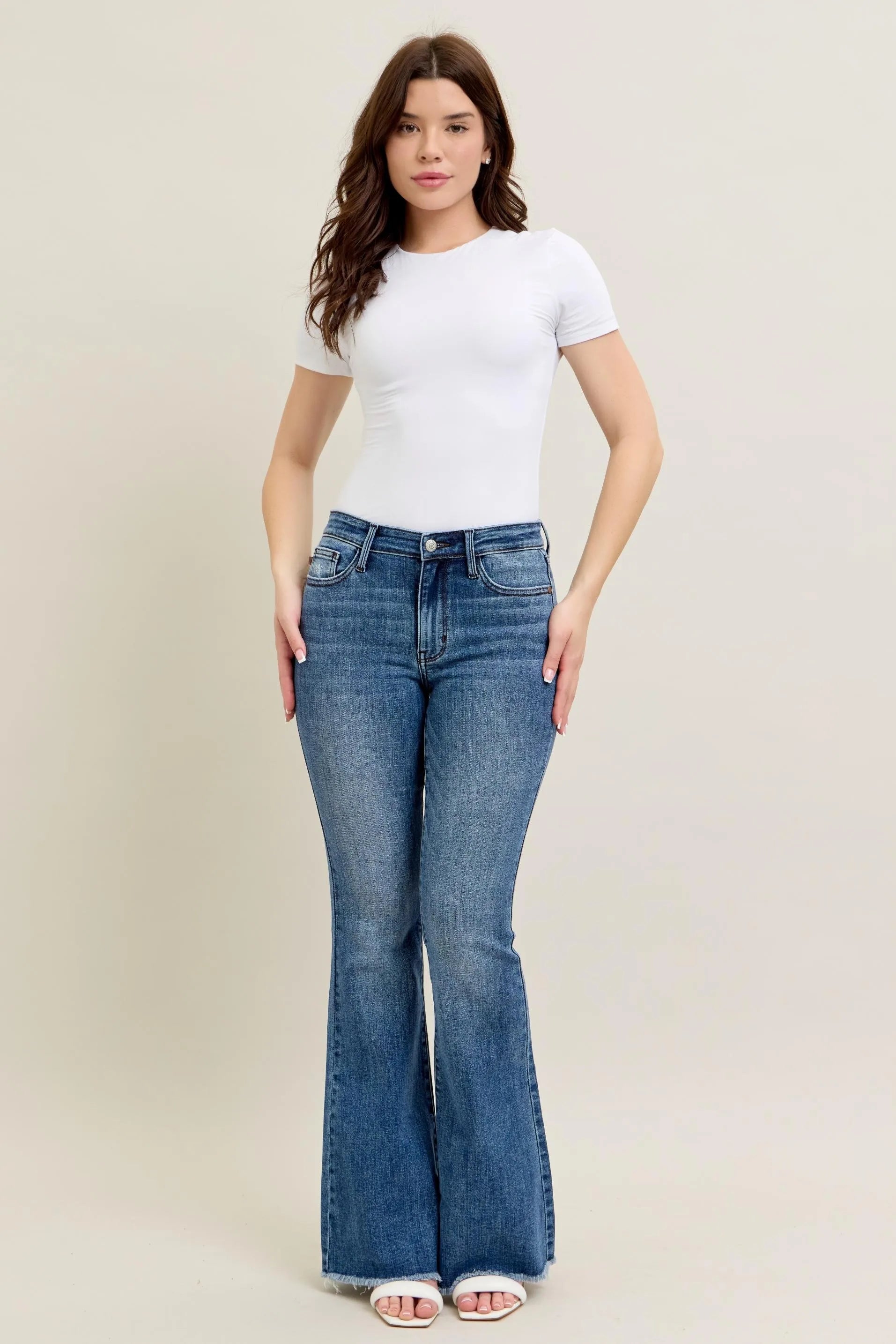 Judy Blue Full Size Mr Vintage Wash Flare Jeans W/ Destroy and Fray Hem Plus Size OutfitFlow