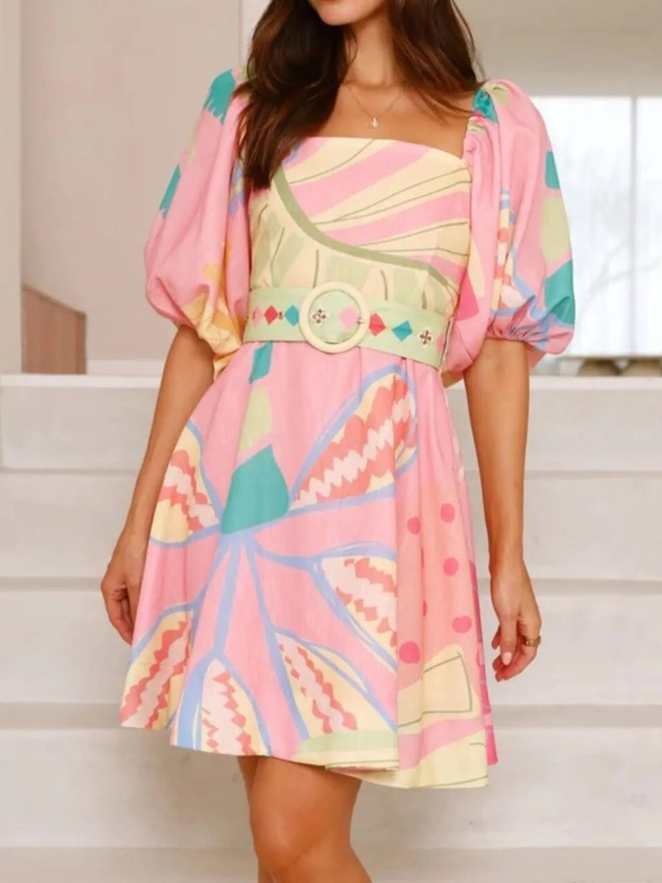 Printed Square Neck Puff Sleeve Dress OutfitFlow