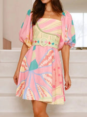 Printed Square Neck Puff Sleeve Dress OutfitFlow