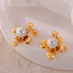 Synthetic Pearl Titanium Steel Flower Earrings OutfitFlow