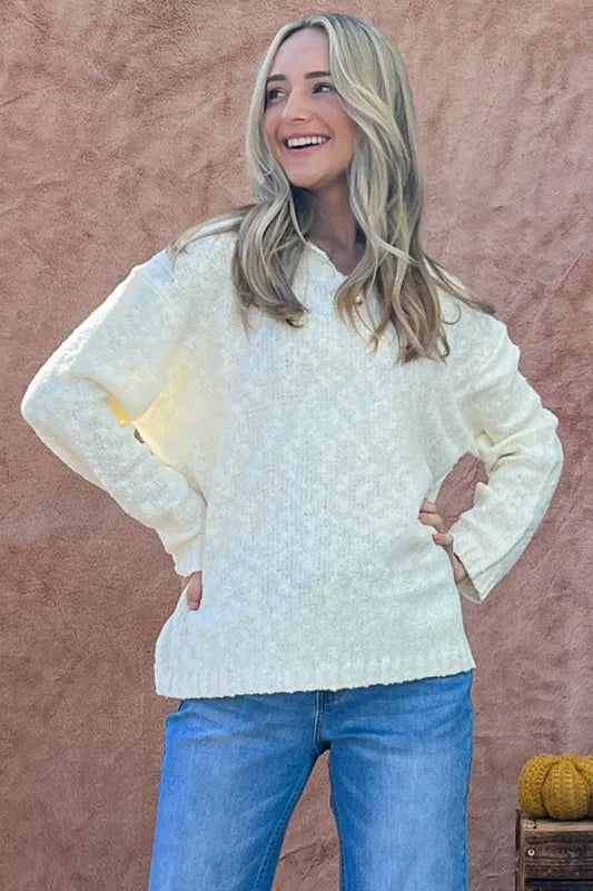 And The Why Textured Basic Collar Neck Sweater Pullover CREAM OutfitFlow