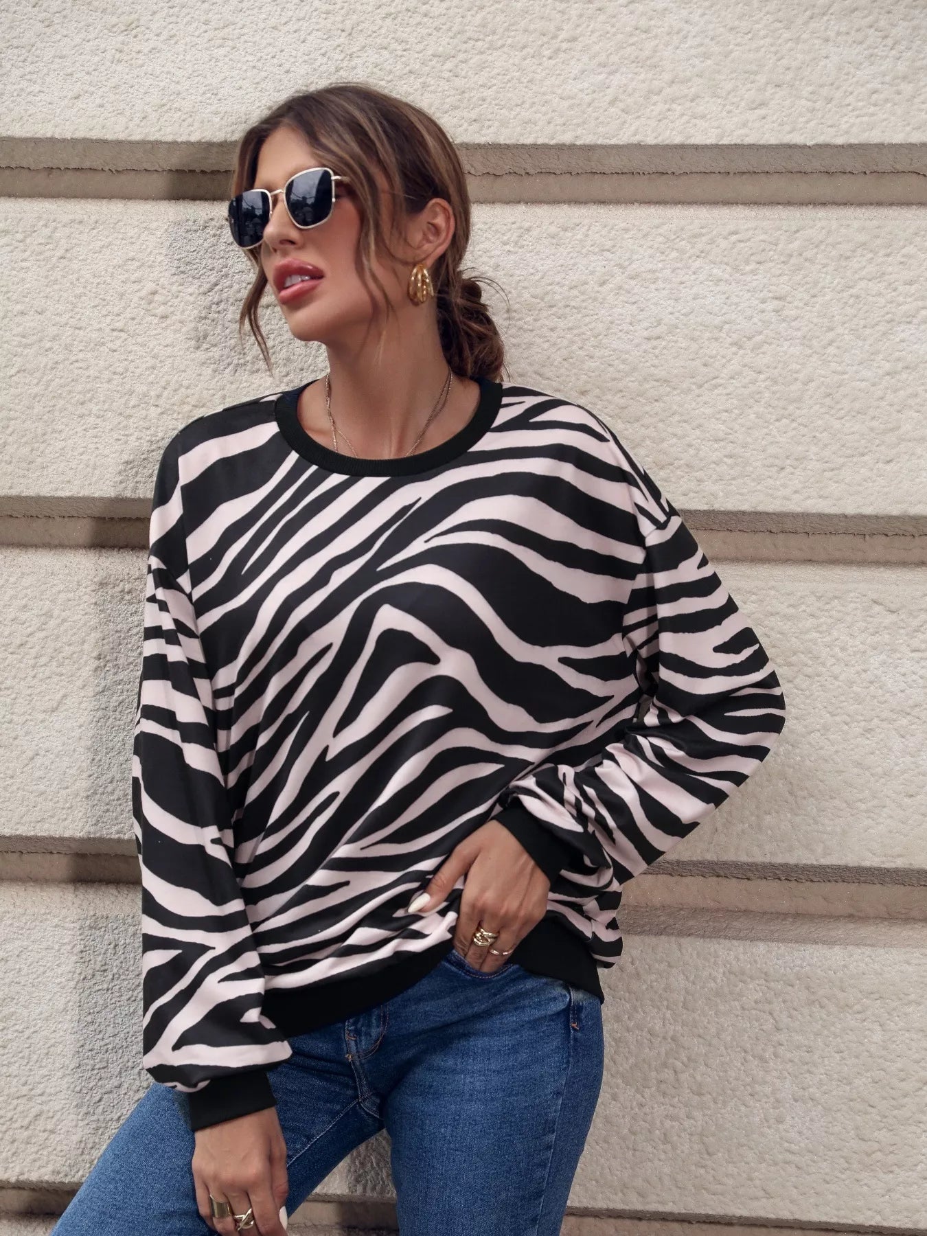 Zebra Print Round Neck Casual Sweatshirt OutfitFlow