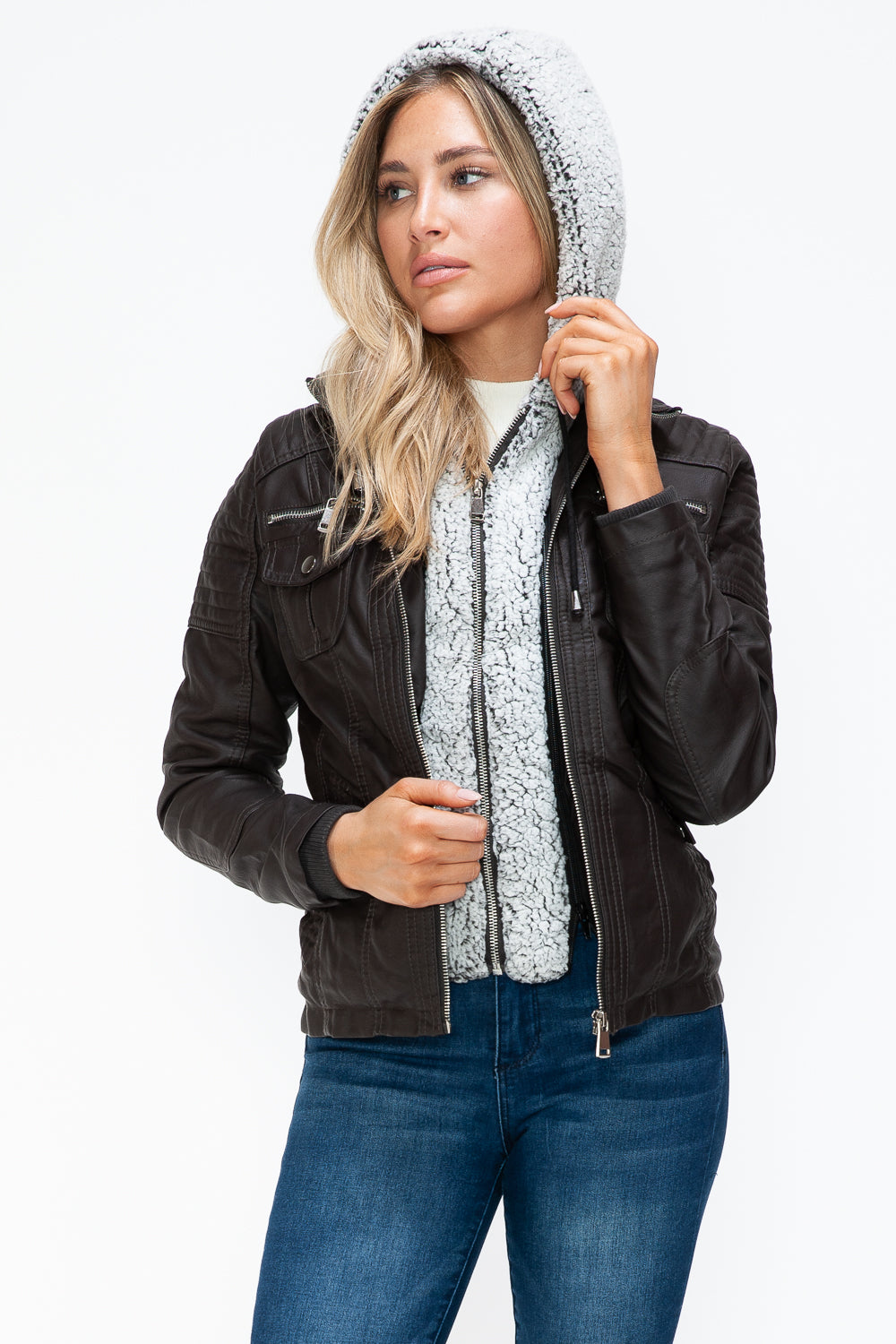 Outfit Flow - YMI Removable Faux Layered Multi-Pocket Jacket with Fuzzy Hood