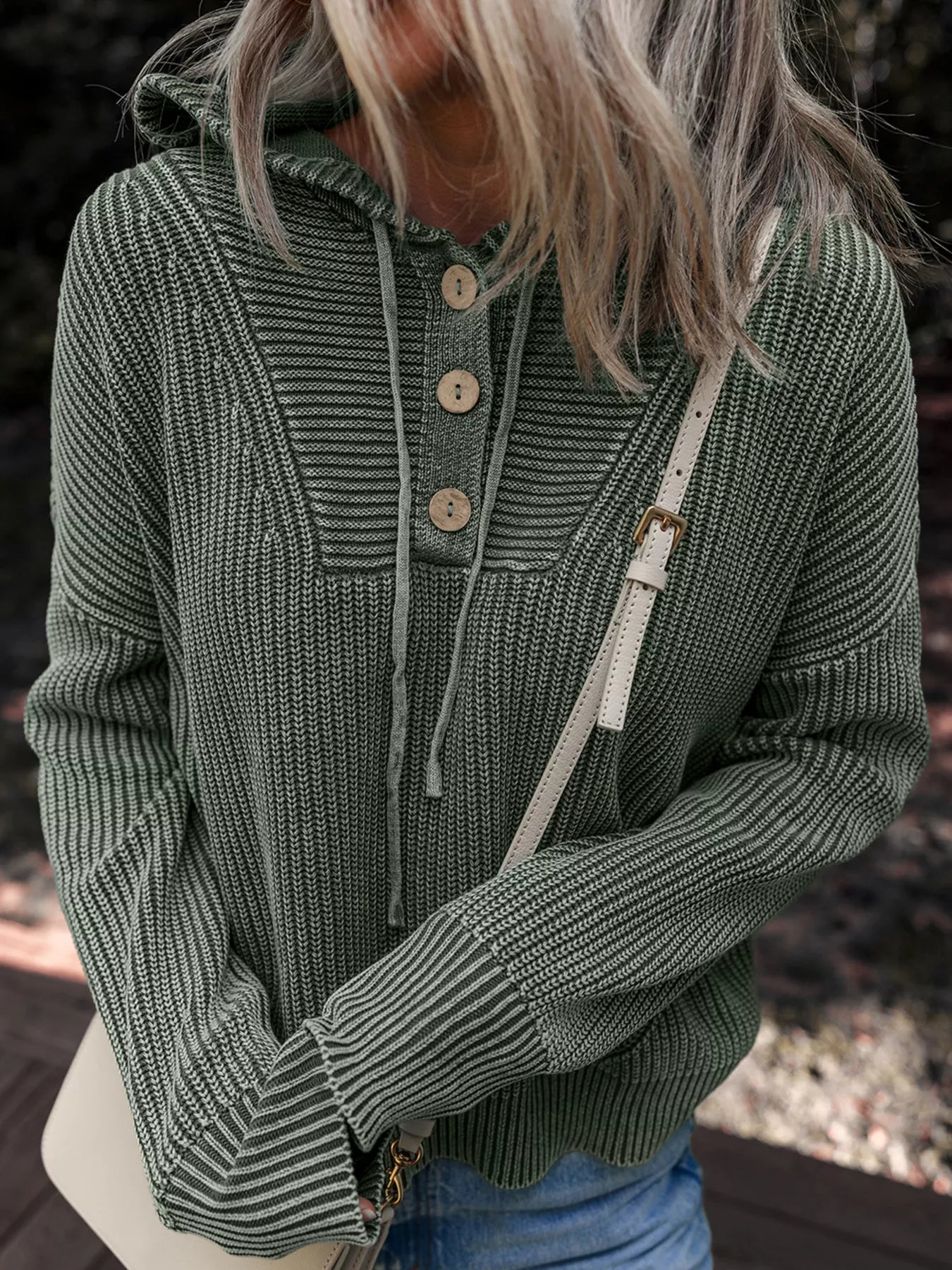Mineral Wash Ribbed Knit Button Drawstring Neck Hooded Sweater OutfitFlow