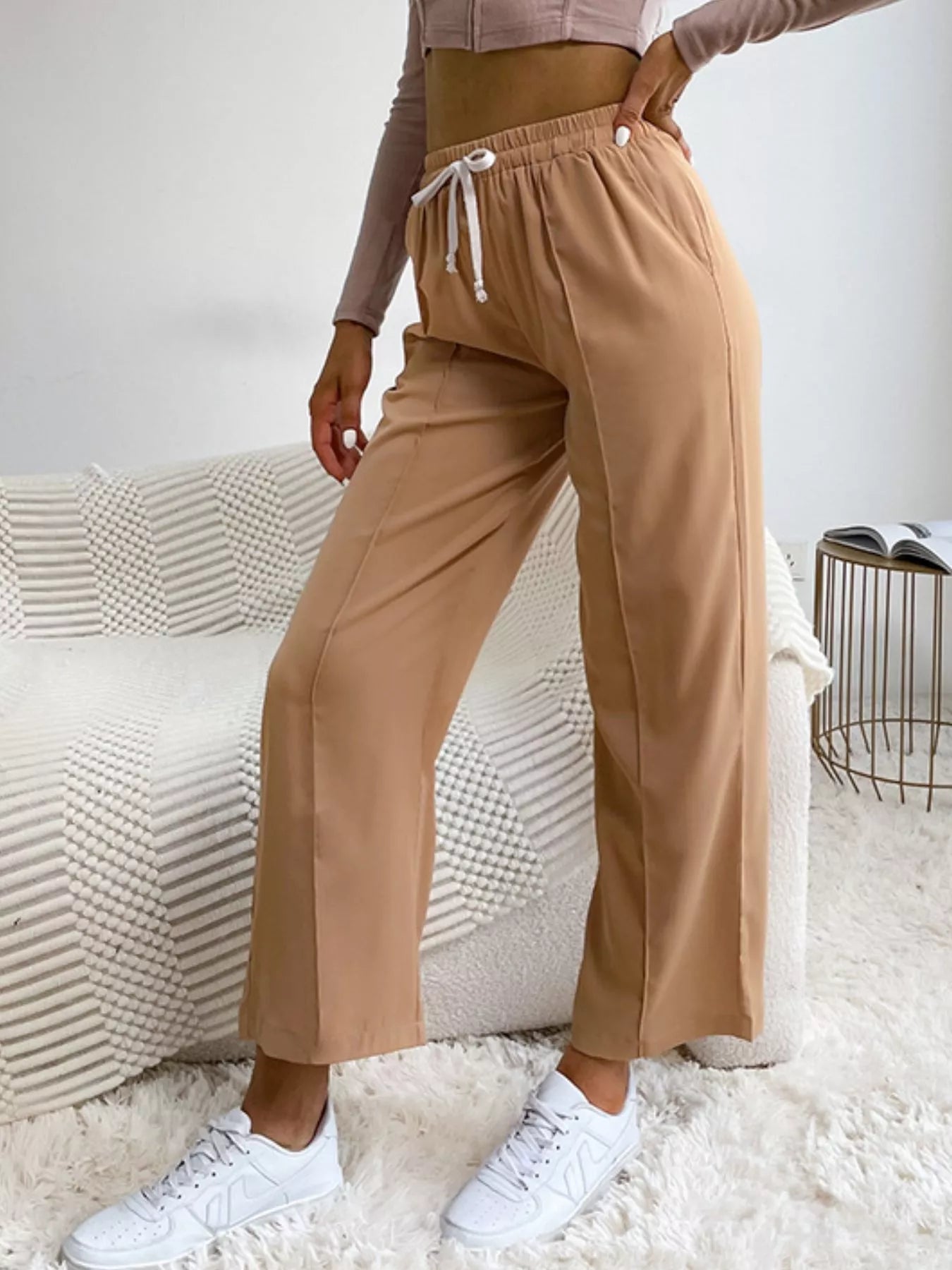 Wide Leg Drawstring Casual Pants OutfitFlow